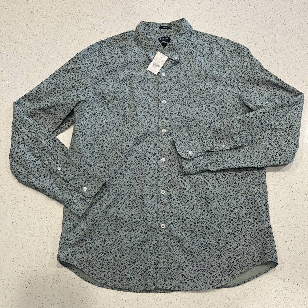 Jcrew Mens Long Sleeve Flex Washed Slim Shirt Large All Over Print AOP NWT